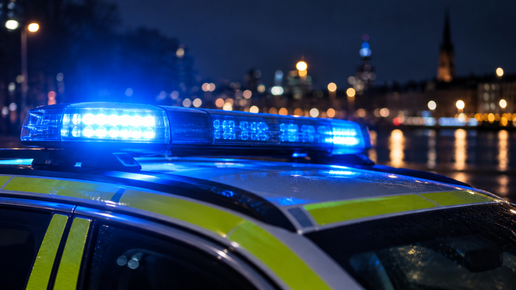 Close-up of blue lights, Swedish police car